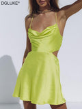Amozae Spaghetti Strap Backless Satin Dress   Cut Out Mini Summer Dresses For Women   Elegant Cowl Neck Party Dress Green Black