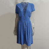 Amozae  Elegant  V Neck With Button Floral Print Mini Dress Hight Waist  Ruffled Ladies Vintage Vestido Spring Summer