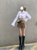 Amozae Back to college Pleated Micro Skirt Women Korean Fashion Casaul Button Pocket Patchwork High Waist A-Line   Mini Skirt Streetwear