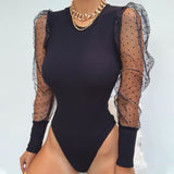 Amozae Hirigin Pearl Mesh Puff Sleeve Bodysuit Women Tops See Through Skinny Bodycon Body Suit Rompers Basic Black   Bodysuits
