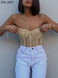 Amozae     Lace Bustier Corset Top Women Strapless Frill Crop Top Summer See Through Transparent Mesh Tops Party Club