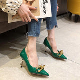 Graduation Gift Big Sale Woman Heeled Shoes 2022 Pointed Toe Stiletto Shoes Women Green Pumps Patent Leather High Heels with Metal Chain Ladies Office