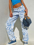 Amozae- Zebra Print Casual High Waist Pants Women Fashion Skinny Long Trousers Ladies Blue Straight Sweatpants Streetwear