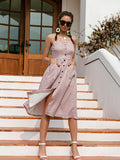 Amozae Casual Polka Dot Dress Sleeveless Holiday style high waist buttoned women's Dress Fashion Mid-length summer dresses NEW A14