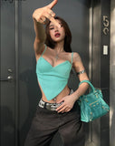 Back to college  V Neck Slips Backless Solid Heart Shape Crop Top Shirt Summer Fashion Women Elegant Kawaii Party Streetwear Outfit Y2K
