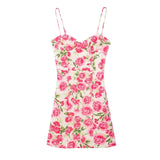 Amozae  Flower Rose Print Bodycon Mini Summer Dress Beach   Strap Boho Pink Sundress Vestidos De Mujer Smocking Floral Dress