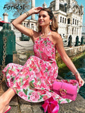 Graduation Gift Big Sale   Sleevelss Halter Maxi Summer Dress for Women   Backless Beach Pink Boho Robe Femme   Lace Up Sundress Floral Dress