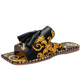Back to school Amozae  Women Home Summer Slippers Woman Retro Mules Tassel Totem Square Toe Slides Ladies Casual Flats Female Comfortable Plus Size