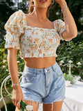 Graduation Gift Big Sale Floral smock holiday summer cotton t-shirt women Casual puff short sleeve cute crop top Square collar fashion 2022 tees