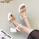 Amozae- Crystal White Pink Sandals Chunky Heel Women's Summer Sandals Open Platform Buckle Strap Party Shoes Comfortable Outdoor Sandals