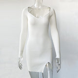 Amozae Elegant White Sweater Dress Women V-Neck Long Sleeve Knitted Bodycon Dress   Slit Mini Dress Autumn Spring
