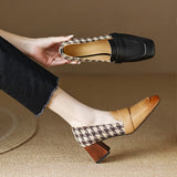Back to school 2023 new Spring women pumps natural leather plus size 22-25cm cowhide+Plaid full leather square toe thick heels women shoes