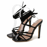 Amozae New Women's Sandals Summer Stiletto   Cross Strap Sandals Fashion Square Toe Simple Large Size Stiletto High Heels