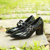 Amozae Patent Leather Women Pumps Retro Thick High-heeled Female Pumps Square Heels Scalp Vintage Women Mary Jane Shoes