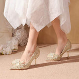 Amozae    Glitter Rhinestones Women Pumps Crystal bowknot Satin High Heels   Summer Party Wedding Prom Fashion Pointed Toe Shoes