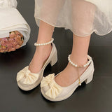 Amozae Summer Ladies Heels Platform Cute Pearl Bow Lace Princess Mary Jane Lolita Shoes Party High Heel Buckle Women Pumps Beige