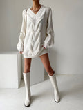 Amozae High street v-neck lantern sleeves knitted dress women Casual loose sweater dresses Female solid winter mini vestidos