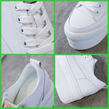 Amozae  12Cm Genuine Leather Women Vulcanized Shoes Leather Platform Wedge High Heels White Shoes Lace Up Increase Casual Shoes