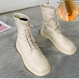 Christmas Gift Fashion Women Ankle Boots Lace Up Booties Woman Winter Flats Shoes Zip Solid Square Toe Ladies Short Boots Female Shoes