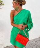 Amozae  Lace Up One Shoulder Ruched Green Party Dress Batwing Sleeve Short Elegant Clubwear Dress Vestidos De Fiesta Autumn