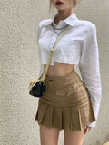 Amozae Back to college Pleated Micro Skirt Women Korean Fashion Casaul Button Pocket Patchwork High Waist A-Line   Mini Skirt Streetwear