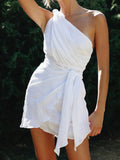 Amozae  One Shoulder White Cotton Ruched Short Summer Dress Bowknot Beach Sundress Women Sleeveless Solid Dress