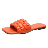 Amozae Design Weave Soft Slippers for Women Summer 2023 Orange PU Leather Beach Flip Flops Female Square Toe Flat Sandals Plus Size 43