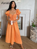 Amozae  Puff Sleeve Orange Ruched Smocking Maxi Long Dress Square Collar Gingham Print Ladies Long Vestidos 2022 Summer Plaid Outfits