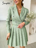 Graduation Gift Big Sale Elegant a-line pleated two piece suit sets women Office lady v-neck button mini skirt set lapel Spring crop blazer suits