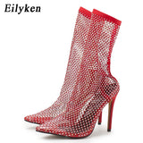 Amozae- New Design Crystal Rhinestone Mesh Stretch Fabric Sock Boots Fashion PVC Transparent Pointed Toe Shoes   High Heels