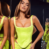 Amozae-Aomzae Green Satin Corset Top Women Square Neck Asymmetrical Tank Top Summer   Crop Top Y2K  Clubwear