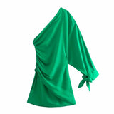 Amozae  Lace Up One Shoulder Ruched Green Party Dress Batwing Sleeve Short Elegant Clubwear Dress Vestidos De Fiesta Autumn