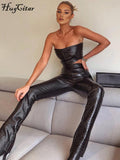 Amozae Sleeveless Solid Pu Leather Backless Tube Top Leggings 2 Pieces Set   Autumn Winter Women   Streetwear Tracksuit