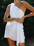 Amozae  One Shoulder White Cotton Ruched Short Summer Dress Bowknot Beach Sundress Women Sleeveless Solid Dress