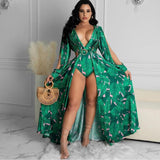 Amozae Beach   Plus Size Dresses Summer Women Casual Dress Backless Hollow-Out V Neck Long Sleeve Print Pleated Maxi Dress