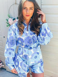 Amozae  Flower Print Blue Short Sets Women Matching Set Blue Summer Spring Two Pieces Sets Suits Oversized Top Shorts 2022
