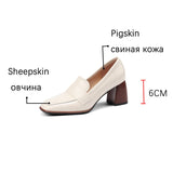 Amozae 2023 Spring New GENUINE LEATHER Women Shoes LEISURE Women Slip-On Shallow Pumps Square Toe Heels Shoes Women Zapatos De Mujer