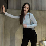 Back to college  Shine Solid Long Sleeves Zip Up Bodysuit   Bodycon Summer Women Fashion Outfits Streetwear Club Sports Y2K