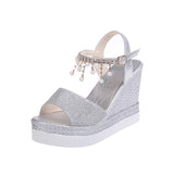 Amozae New Women Wedge Sandals Summer Bead Studded Detail Platform Sandals Buckle Strap Peep Toe Thick Bottom Casual Shoes Ladies