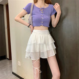 Amozae Back to college Kawaii White Mini Skirts Women Fairycore Bandage Ruffle Patchwork Irregular High Waist Layer Skirt Shorts   Party