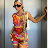 Amozae-Back to college Colorful Print Sleeveless Metal Loop Hollow Out Zip Up Playsuit Bodycon   Summer Vacation Outfit Club Y2K Revealing