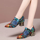 Amozae New Fashion Personality Pointed Toe Sandals Women Summer New Mid Heel Square Heel Zipper Printed Casual Ladies High Heels