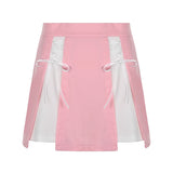 Amozae   Kawaii Patchwork Lace-up Mini Skirt Pink High Waist A Line Short Skirts Japanese Lolita Skirts Fairycore Cute Outfit