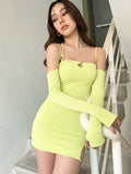 Amozae--hoco dresses Back to college Fashion Women Solid Slips Long Sleeves Backless Hollow Out Mini Prom Dress   Slim Summer Elegant Outfit Party Y2K