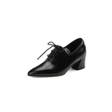 Amozae NEW Spring/Autumn Women Shoes Pointed Toe High heels Split Leather Chunky Heel Pumps Plus Size Retro Lace Up Black Shoes Women