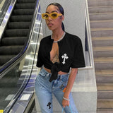 Back to college  Print Short Sleeves Hollow Out Bandage Lace Up Crop Top T Shirt Summer Fashion Outfit Streetwear Club Y2K