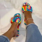 Amozae-Back  To School Outfit   Woman Square Toe Tie Dye Slippers Women Mixed Color Pleated Slides 2024 Flats Female Shoes Ladies Summer Beach Footwear Big Size