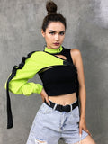 Amozae Neon Green One Shoulder Off Halter Top Harajuku Black Reflective Tshirt Women Hip Hop Street Wear Tee Shirt Femme