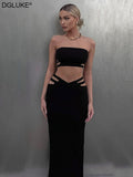 Amozae     Two Piece Set Women Summer Outfits Tube Crop Top And Maxi Skirt Set Elegant Cut Out Bodycon Long Dress Sets Black Yellow