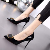 Amozae    Spring New Brand Women   Pumps Luxury Pu Leather Crystal High Heels Summer Lady Black Fashion Party Wedding Prom Shoes AA4